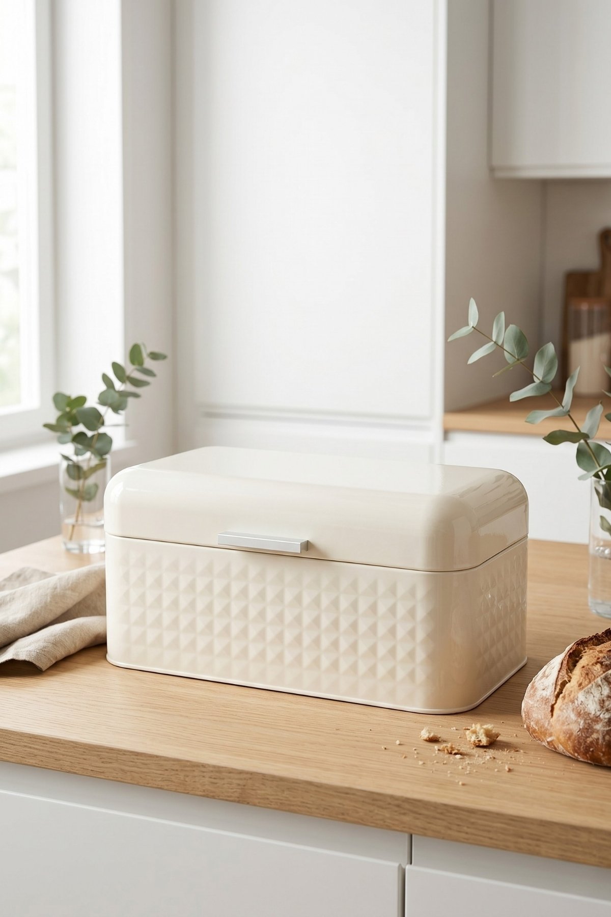 Toz Boyalı, Yeni Tip Ekmek Kutusu, Kabartmalı, Menteşeli Kapak, 209x365x163 mm, 11.8 lt. — Cream — Ekmeklik — Tinbox