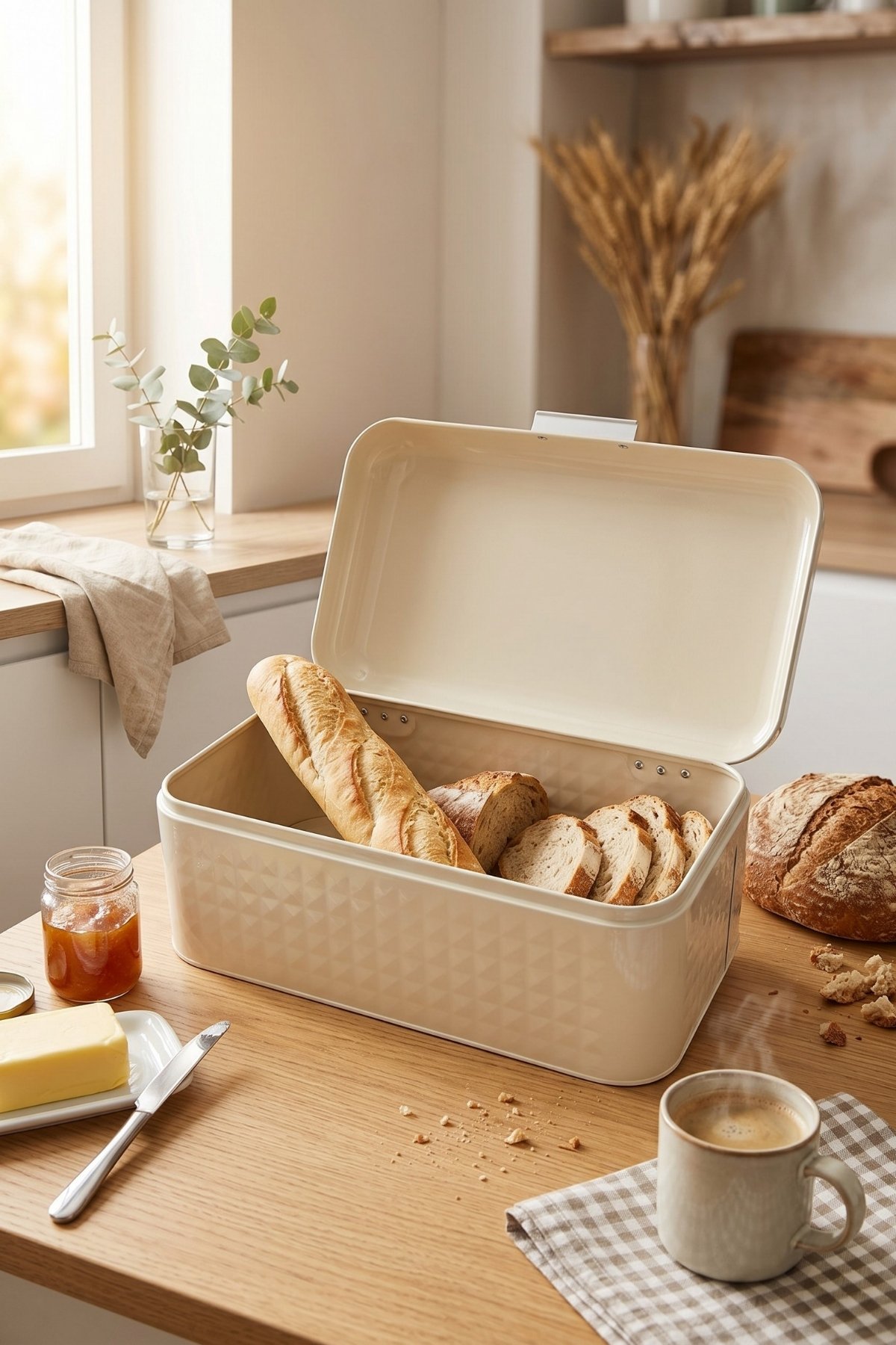 Toz Boyalı, Yeni Tip Ekmek Kutusu, Kabartmalı, Menteşeli Kapak, 209x365x163 mm, 11.8 lt. — Cream — Bread Boxes — view 2 of…