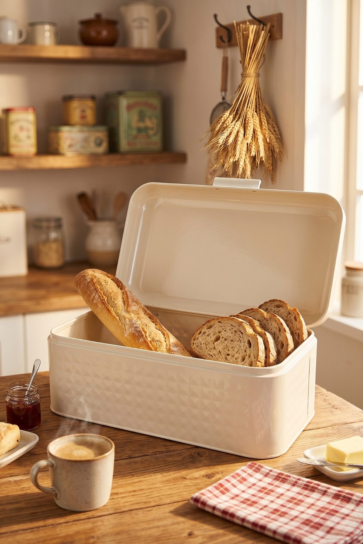 Toz Boyalı, Yeni Tip Ekmek Kutusu, Kabartmalı, Menteşeli Kapak, 209x365x163 mm, 11.8 lt. — Cream — Bread Boxes — view 3 of…