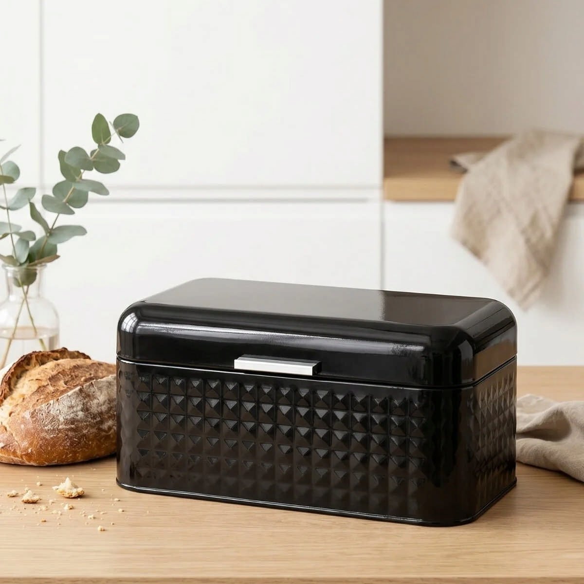 Siyah Toz Boyalı Prizma Desenli Menteşeli Metal Ekmek Kutusu - 11.8 Lt / 209x365x163 mm — Ekmeklik — Tinbox