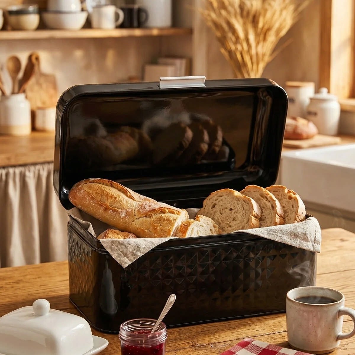 Siyah Toz Boyalı Prizma Desenli Menteşeli Metal Ekmek Kutusu - 11.8 Lt / 209x365x163 mm — Ekmeklik — görsel 2 / 5 — Tinbox