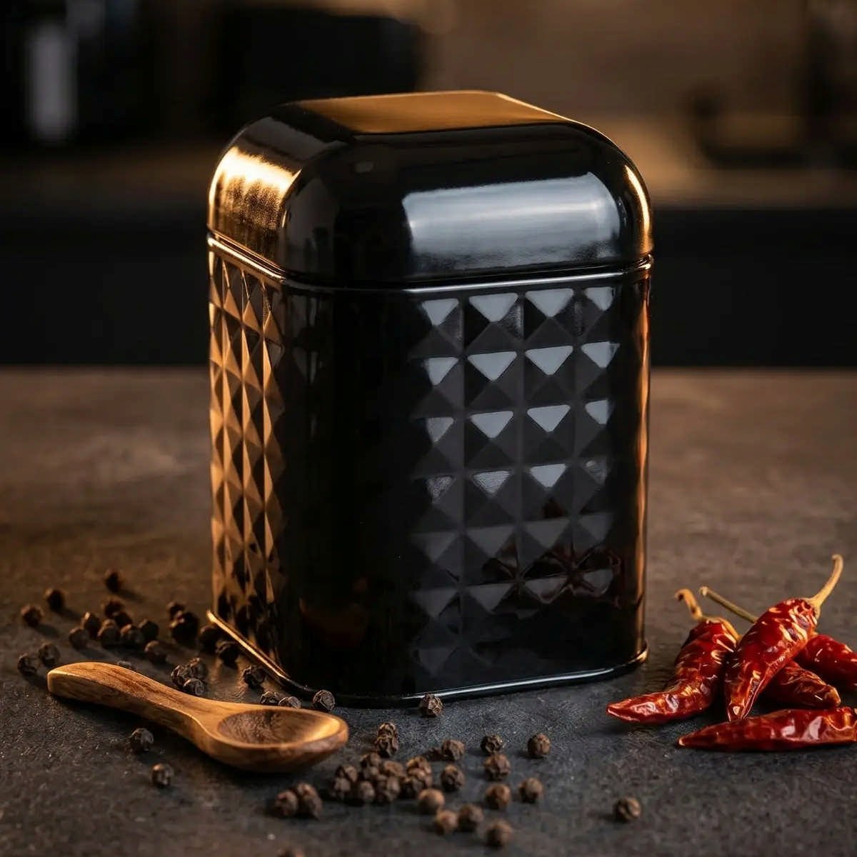 Siyah Toz Boyalı Prizma Desenli Kare Metal Saklama Kabı - 1.3 Lt / 108x108x118 mm — Kare Kutular — Tinbox