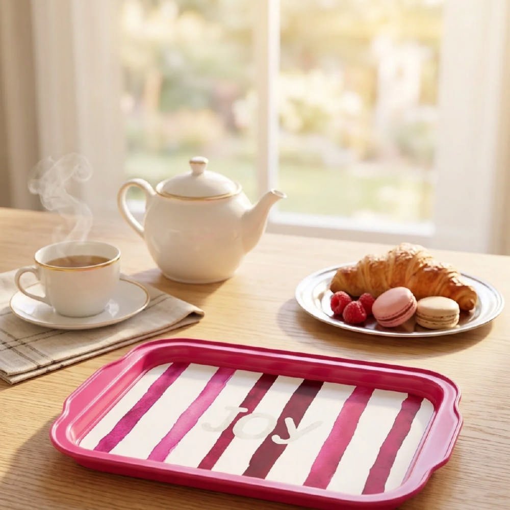 Joy Yazılı Pembe Çizgili Dekoratif Metal Servis Tepsisi - 215x316 mm — Tepsiler — görsel 4 / 5 — Tinbox
