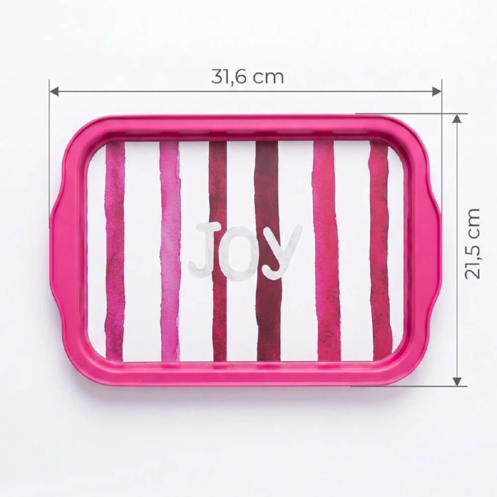 Joy Yazılı Pembe Çizgili Dekoratif Metal Servis Tepsisi - 215x316 mm — Tepsiler — Tinbox