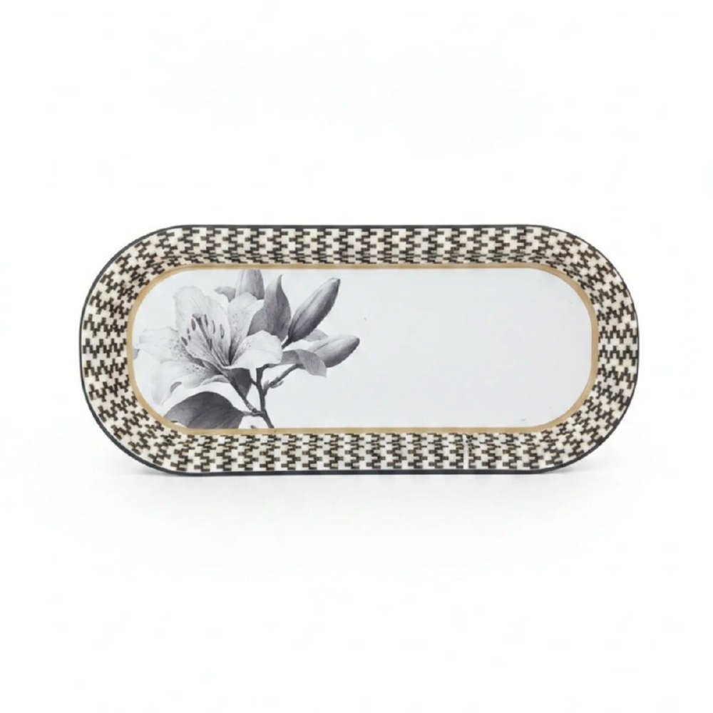 Botanik Zambak Desenli Desenli Oval Metal Servis Tepsisi - 160x350 mm — Tepsiler — Tinbox