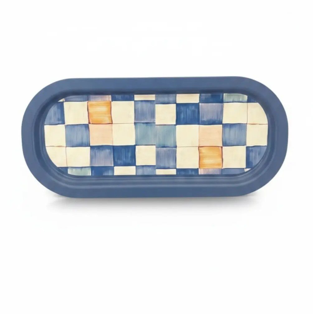 Hand-Painted Blue Checkerboard Mosaic Pattern Oval Metal Serving Tray - 160x350 mm (6.30" x 13.78") — Trays — Tinbox