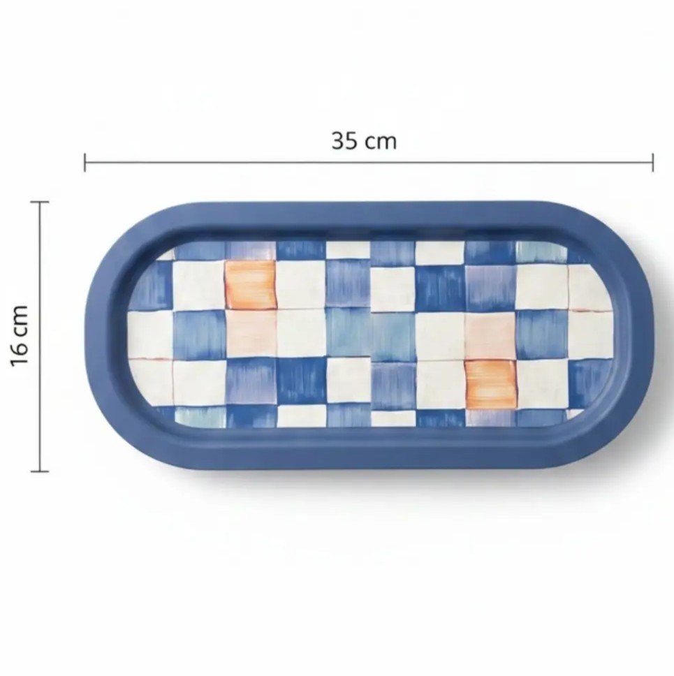 Mavi Dama Desenli Oval Metal Servis Tepsisi - 160x350 mm — Tepsiler — görsel 5 / 5 — Tinbox