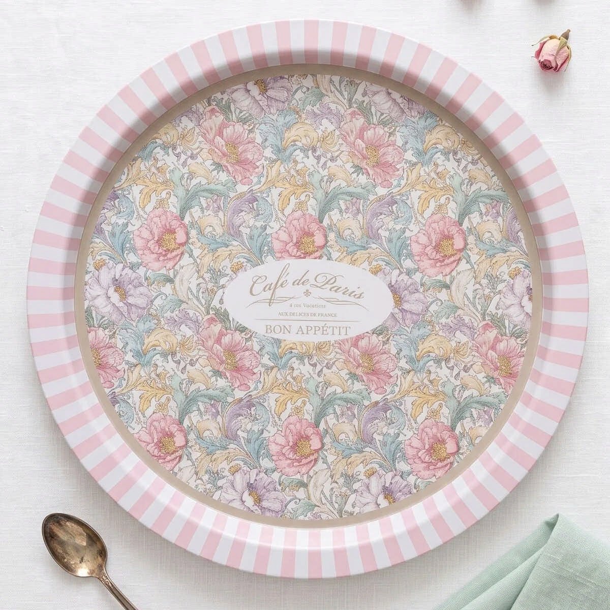 Café De Paris Pink Çiçek Desenli Yuvarlak Metal Servis Tepsisi - Ø315 mm — Tepsiler — görsel 5 / 5 — Tinbox