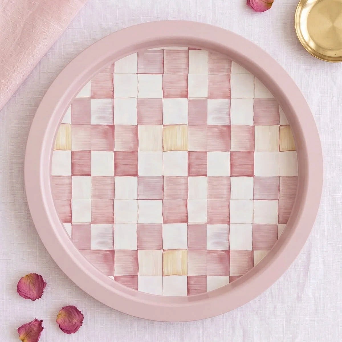 Pink Checkers Pembe Dama Desenli Yuvarlak Metal Servis Tepsisi - Ø315 mm — Tepsiler — görsel 2 / 5 — Tinbox