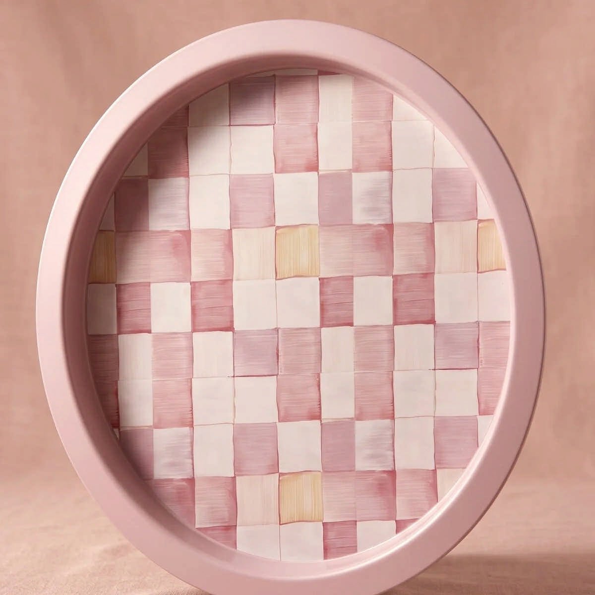 Pink Checkers Pembe Dama Desenli Yuvarlak Metal Servis Tepsisi - Ø315 mm — Tepsiler — görsel 5 / 5 — Tinbox