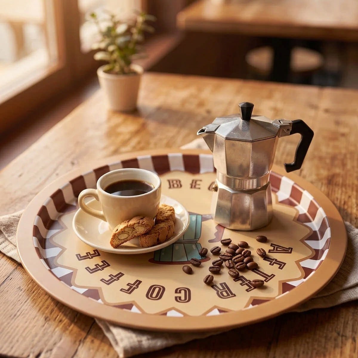 Life Begins After Coffee Moka Pot Desenli Yuvarlak Metal Servis Tepsisi - Ø315 mm — Tepsiler — görsel 4 / 5 — Tinbox