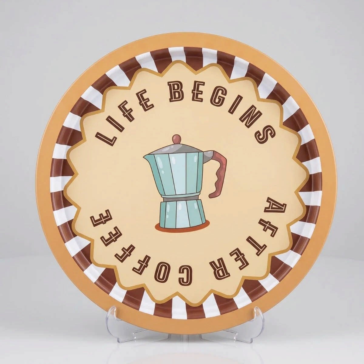 Life Begins After Coffee Moka Pot Desenli Yuvarlak Metal Servis Tepsisi - Ø315 mm — Tepsiler — görsel 3 / 5 — Tinbox