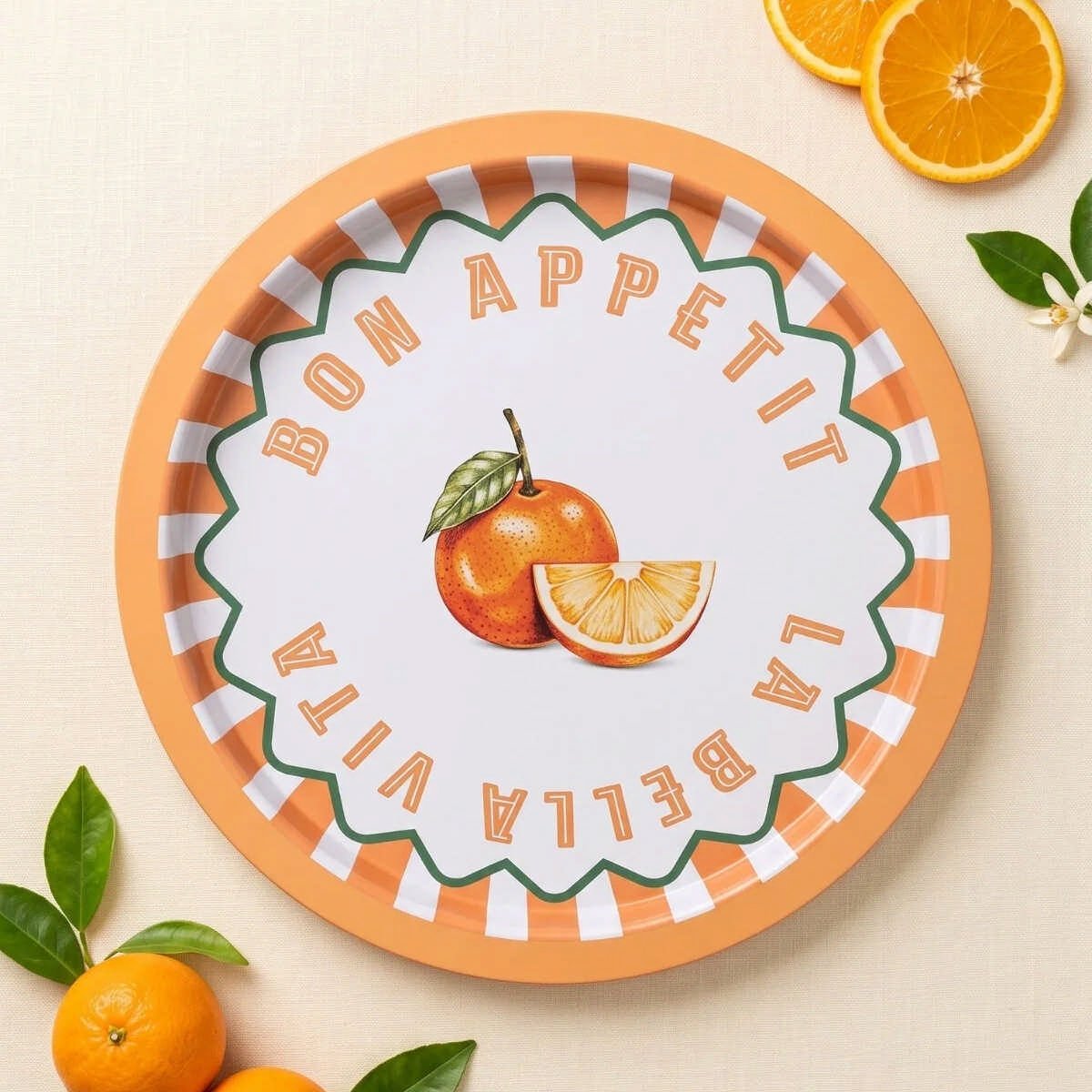 La Bella Orange Portakal Desenli Yuvarlak Metal Servis Tepsisi - Ø315 mm — Tepsiler — görsel 5 / 5 — Tinbox