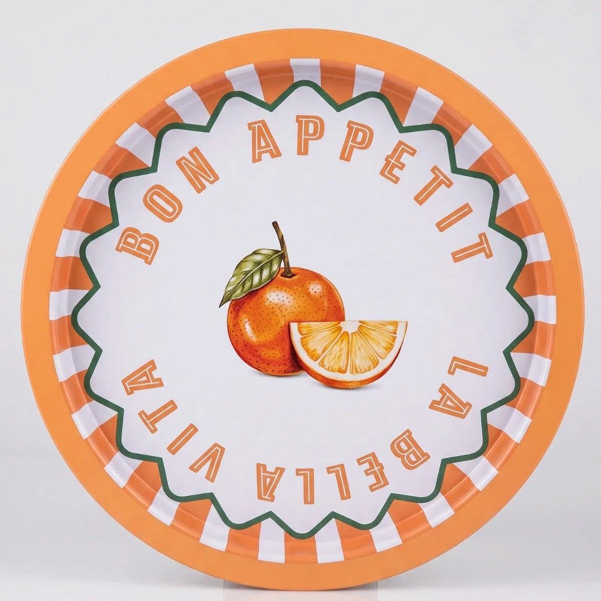 La Bella Orange Portakal Desenli Yuvarlak Metal Servis Tepsisi - Ø315 mm — Tepsiler — Tinbox