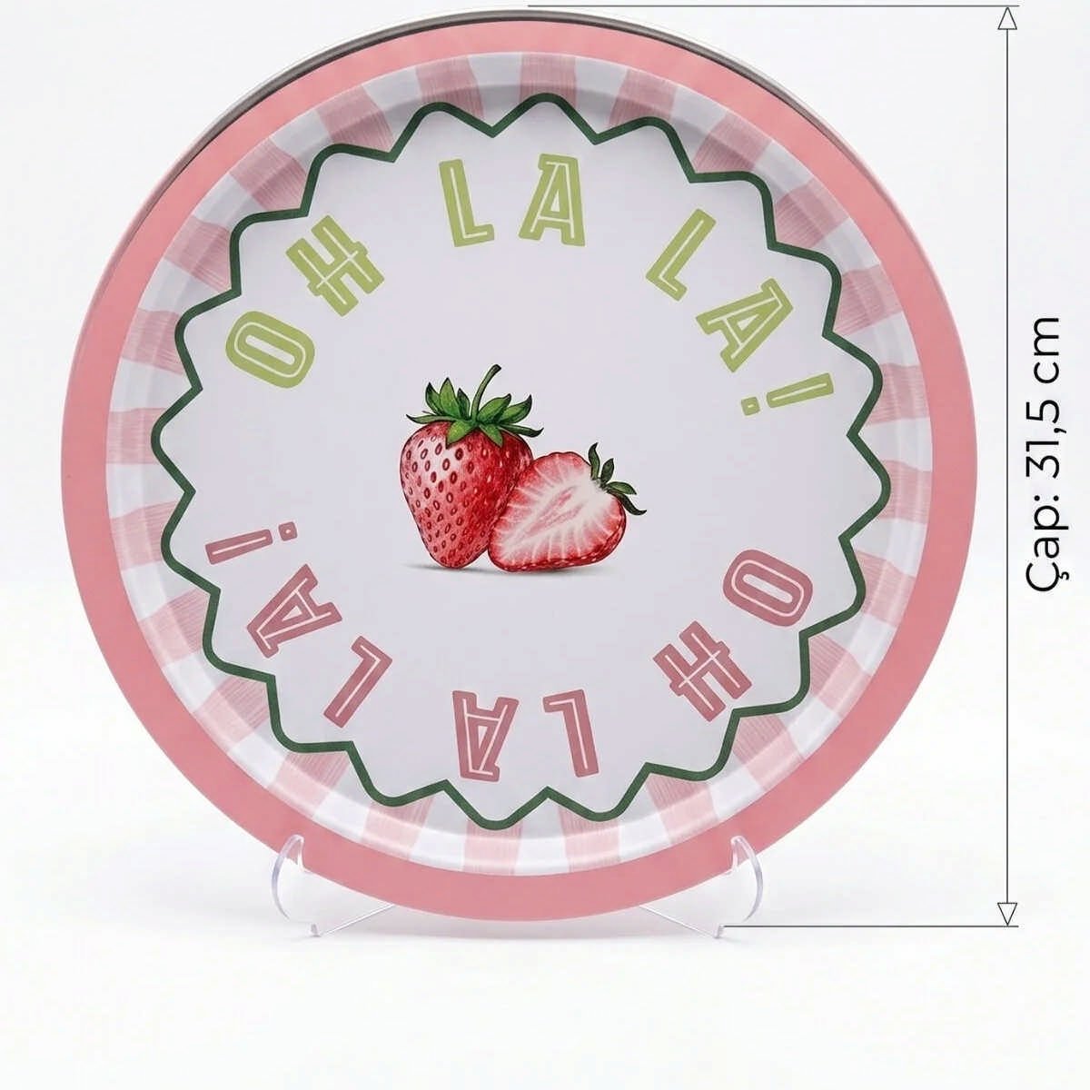 Strawberry Oh La La! Çilek Desenli Yuvarlak Metal Servis Tepsisi - Ø315 mm — Tepsiler — Tinbox