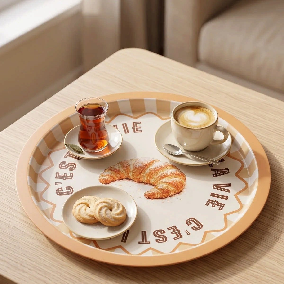Croissant C'est La Vie Kruvasan Desenli Yuvarlak Metal Servis Tepsisi - Ø315 mm — Tepsiler — görsel 4 / 5 — Tinbox