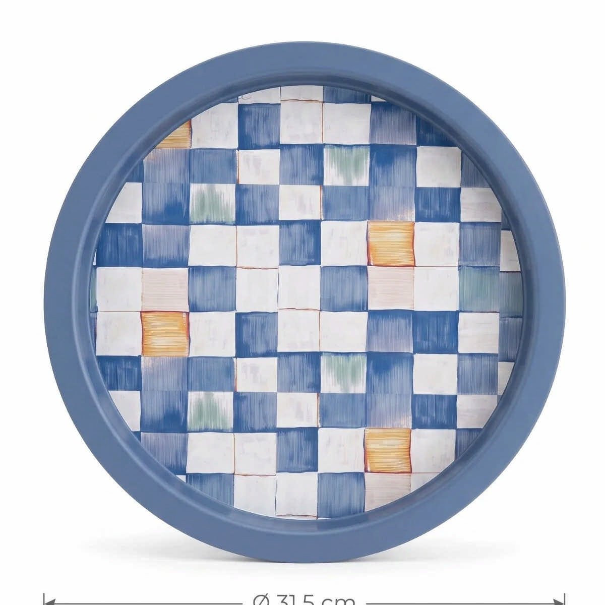 Blue Checkers Mavi Dama Desenli Yuvarlak Metal Servis Tepsisi - Ø315 mm — Tepsiler — görsel 1 / 5 — Tinbox