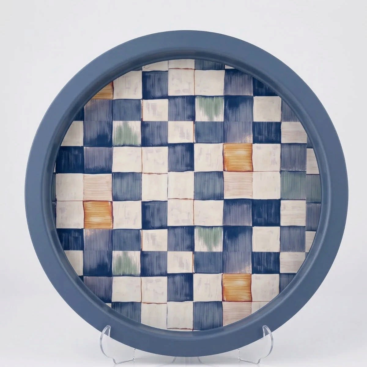 Blue Checkers Mavi Dama Desenli Yuvarlak Metal Servis Tepsisi - Ø315 mm — Tepsiler — görsel 2 / 5 — Tinbox