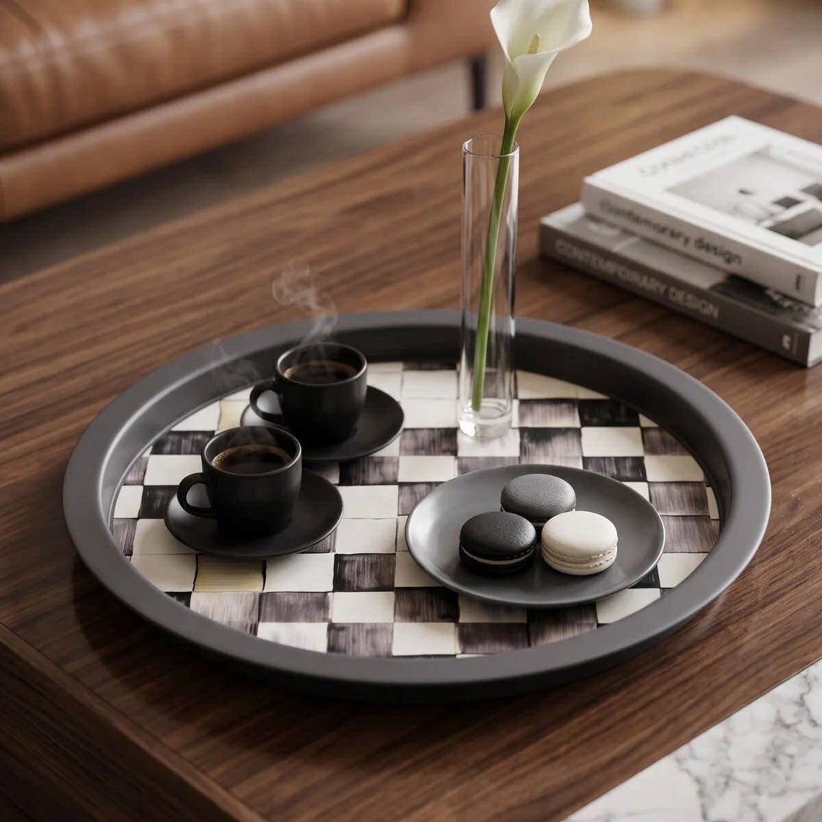 Smoked Checkers Siyah-Gri Dama Desenli Yuvarlak Metal Servis Tepsisi - Ø315 mm — Tepsiler — görsel 2 / 4 — Tinbox