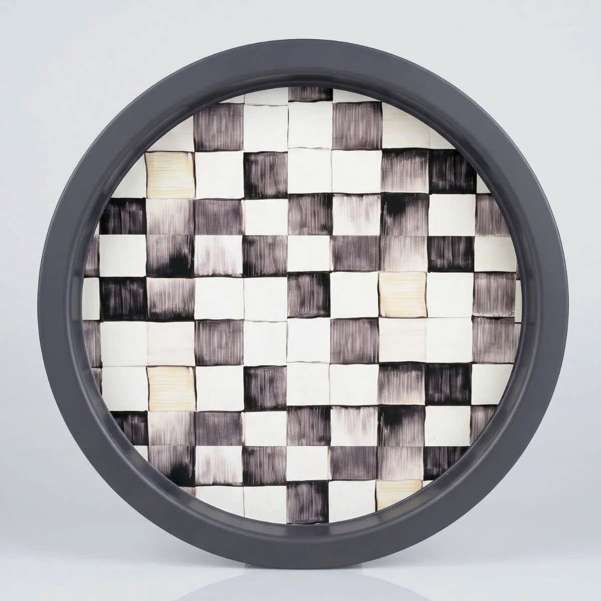 Smoked Checkers Siyah-Gri Dama Desenli Yuvarlak Metal Servis Tepsisi - Ø315 mm — Tepsiler — Tinbox