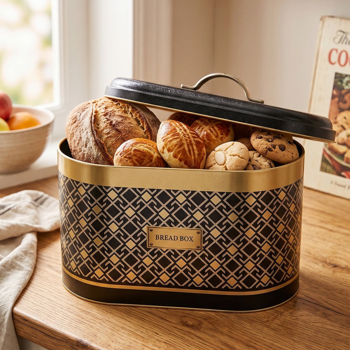 Lüks Art Deco Siyah & Altın Oval Metal Ekmek Kutusu - 10,4 Lt (178x338x200 mm) — Ekmeklik — görsel 3 / 5 — Tinbox