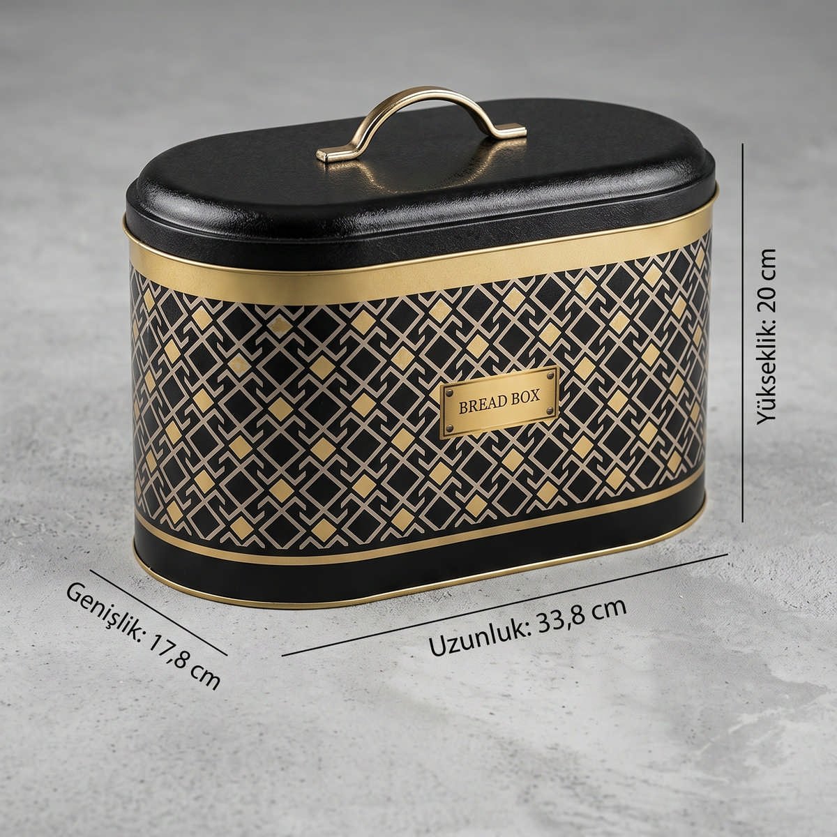 Lüks Art Deco Siyah & Altın Oval Metal Ekmek Kutusu - 10,4 Lt (178x338x200 mm) — Ekmeklik — görsel 4 / 5 — Tinbox