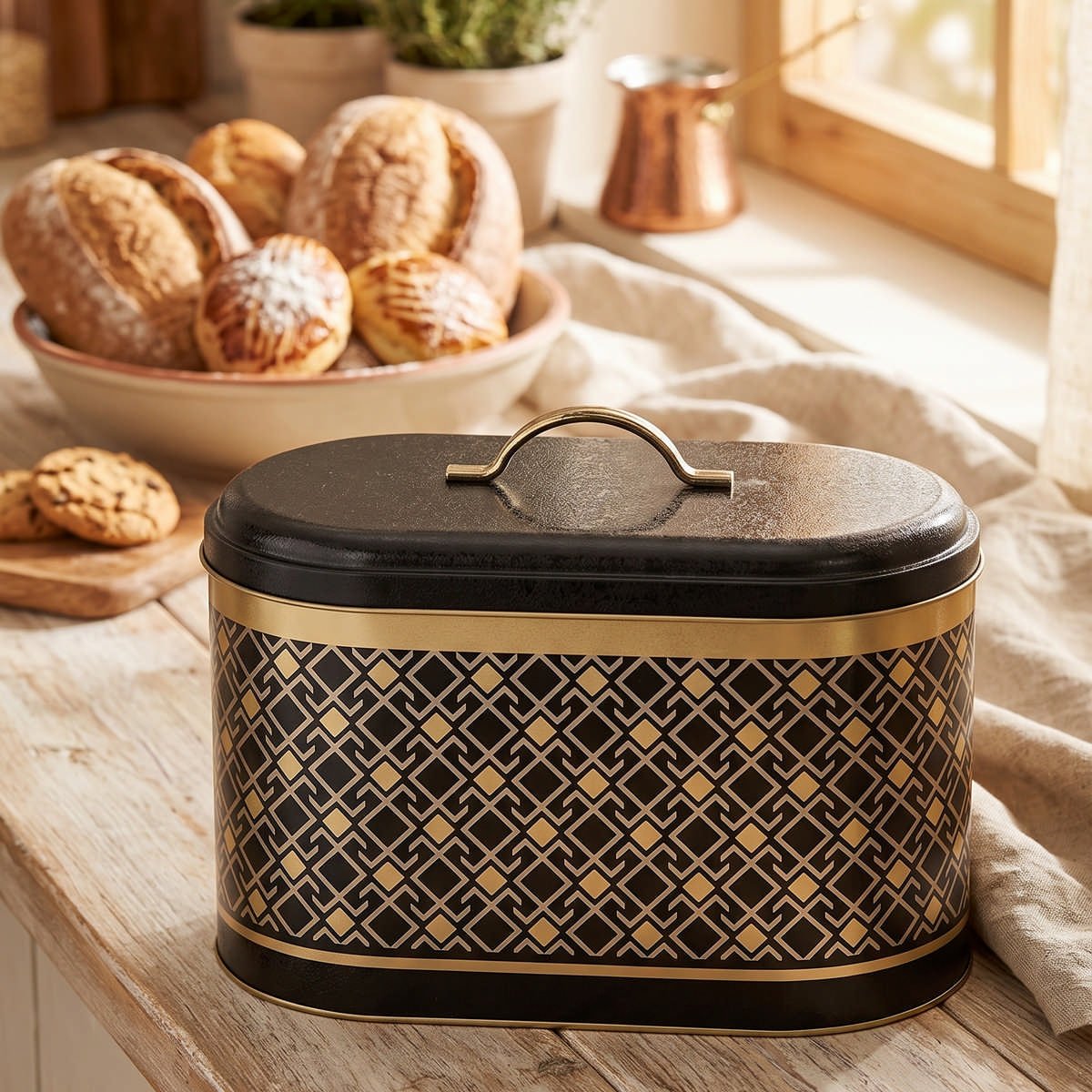 Lüks Art Deco Siyah & Altın Oval Metal Ekmek Kutusu - 10,4 Lt (178x338x200 mm) — Ekmeklik — görsel 2 / 5 — Tinbox