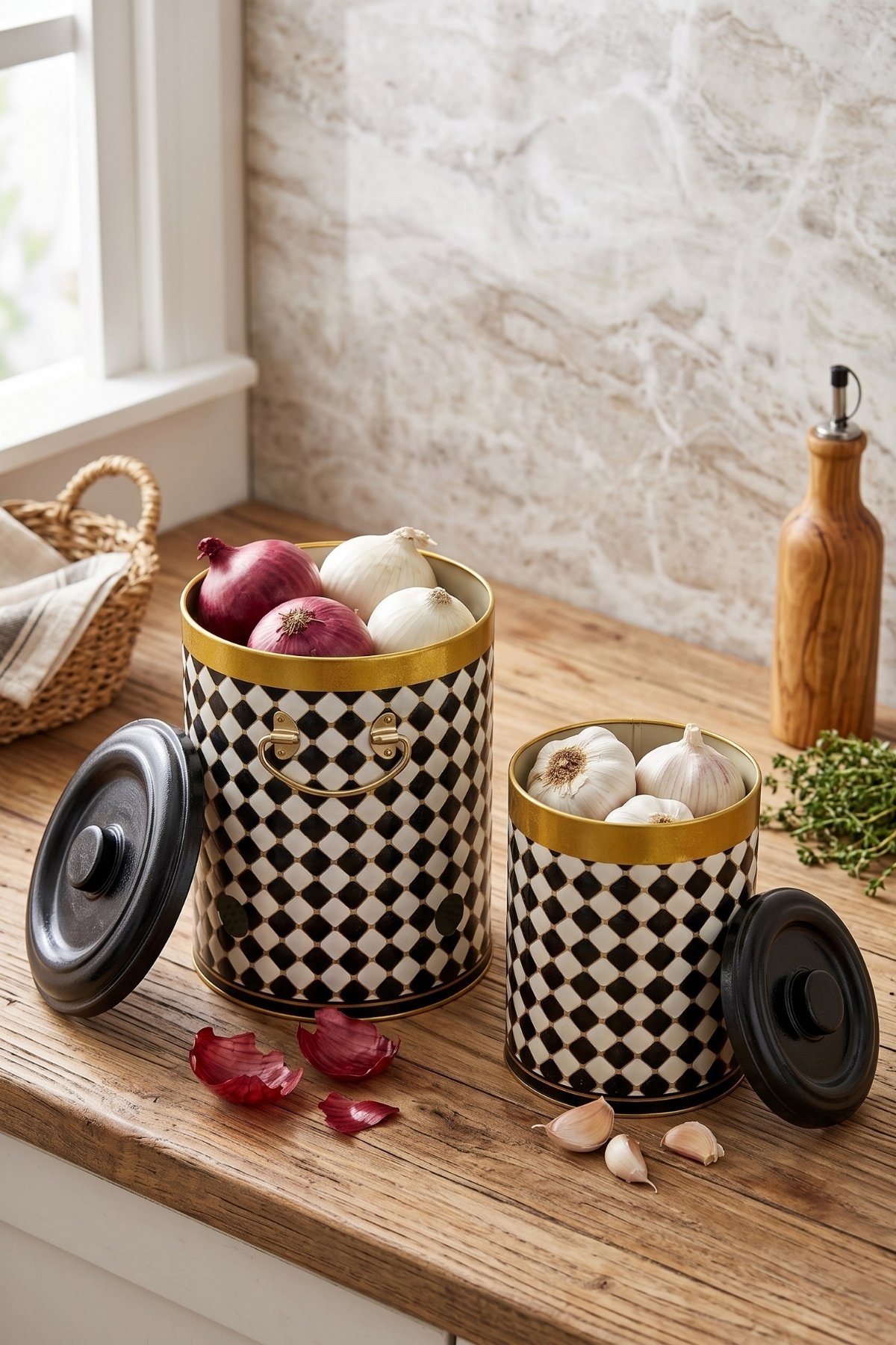 Metal Soğan ve Sarımsak Saklama Kabı 2’li Set, Metal Sebzelik 5 lt + 2.5 lt, Checkers — Kutu Setleri — Tinbox