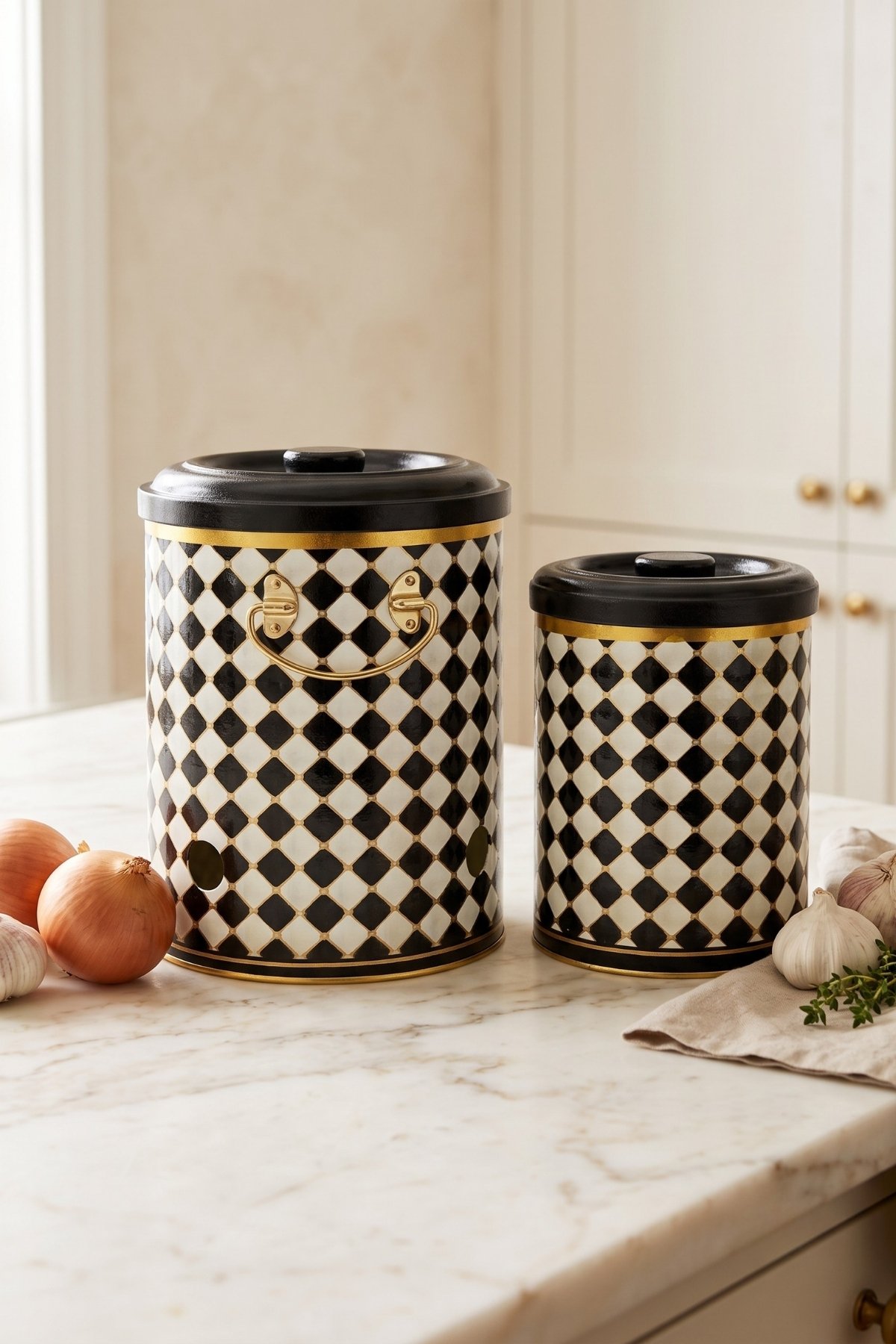 Metal Soğan ve Sarımsak Saklama Kabı 2’li Set, Metal Sebzelik 5 lt + 2.5 lt, Checkers — Kutu Setleri — görsel 2 / 2 — Tinbox
