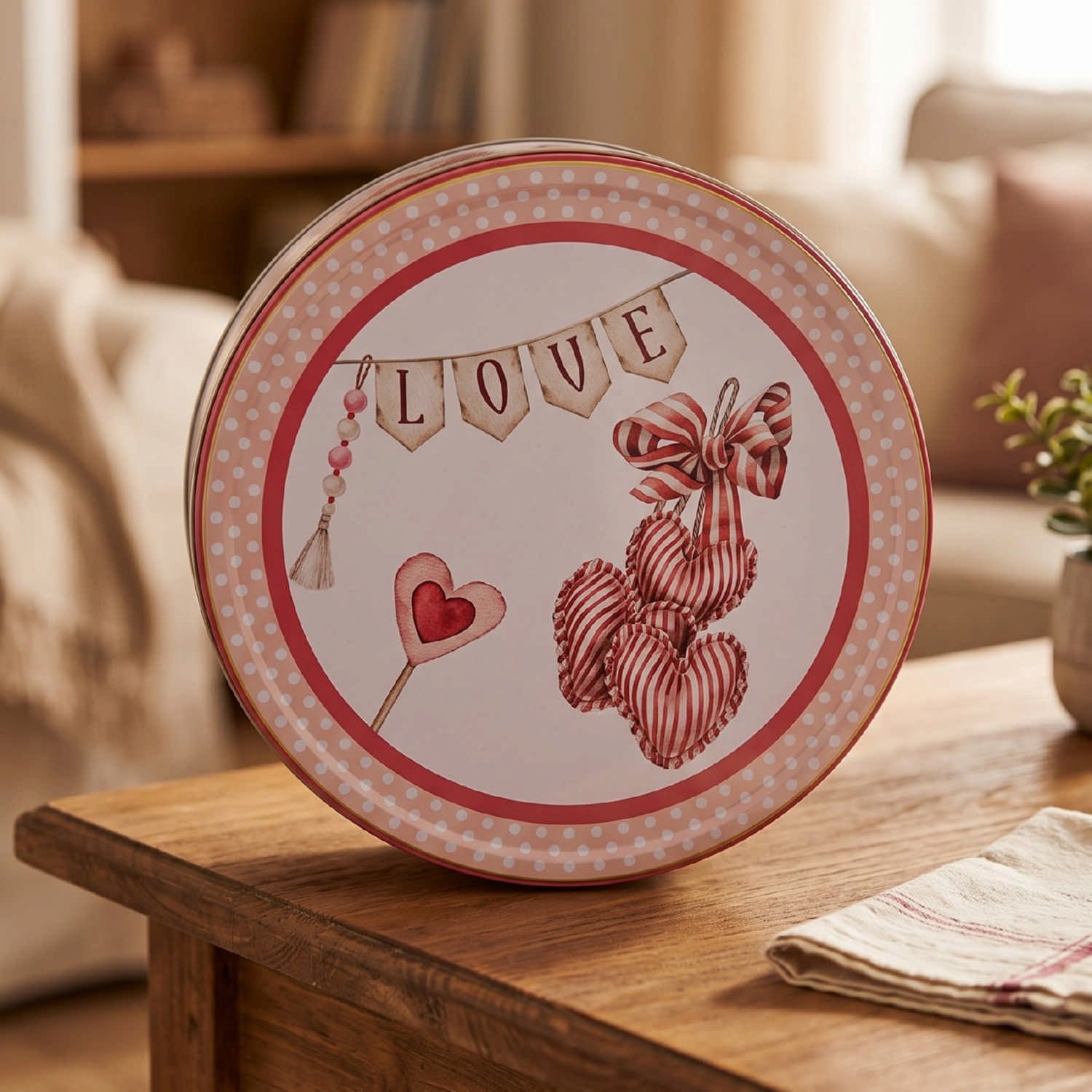 Valentine Kalp Desenli Pembe Puantiyeli Yuvarlak Metal Hediyelik Kutu - Ø240x70 mm — Yuvarlak Kutular — görsel 2 / 4 — Tinbox