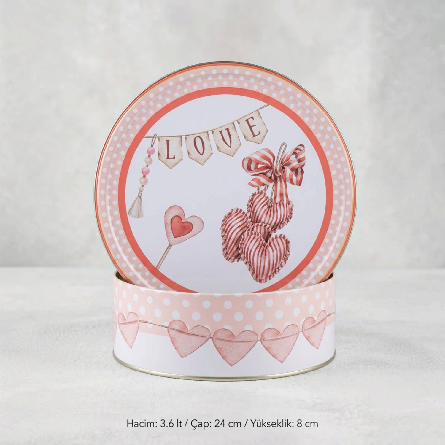 Valentine Kalp Desenli Pembe Puantiyeli Yuvarlak Metal Hediyelik Kutu - Ø240x70 mm — Yuvarlak Kutular — görsel 4 / 4 — Tinbox