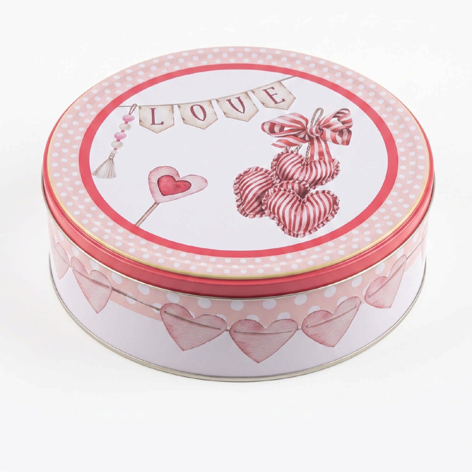 Valentine Kalp Desenli Pembe Puantiyeli Yuvarlak Metal Hediyelik Kutu - Ø240x70 mm — Yuvarlak Kutular — Tinbox