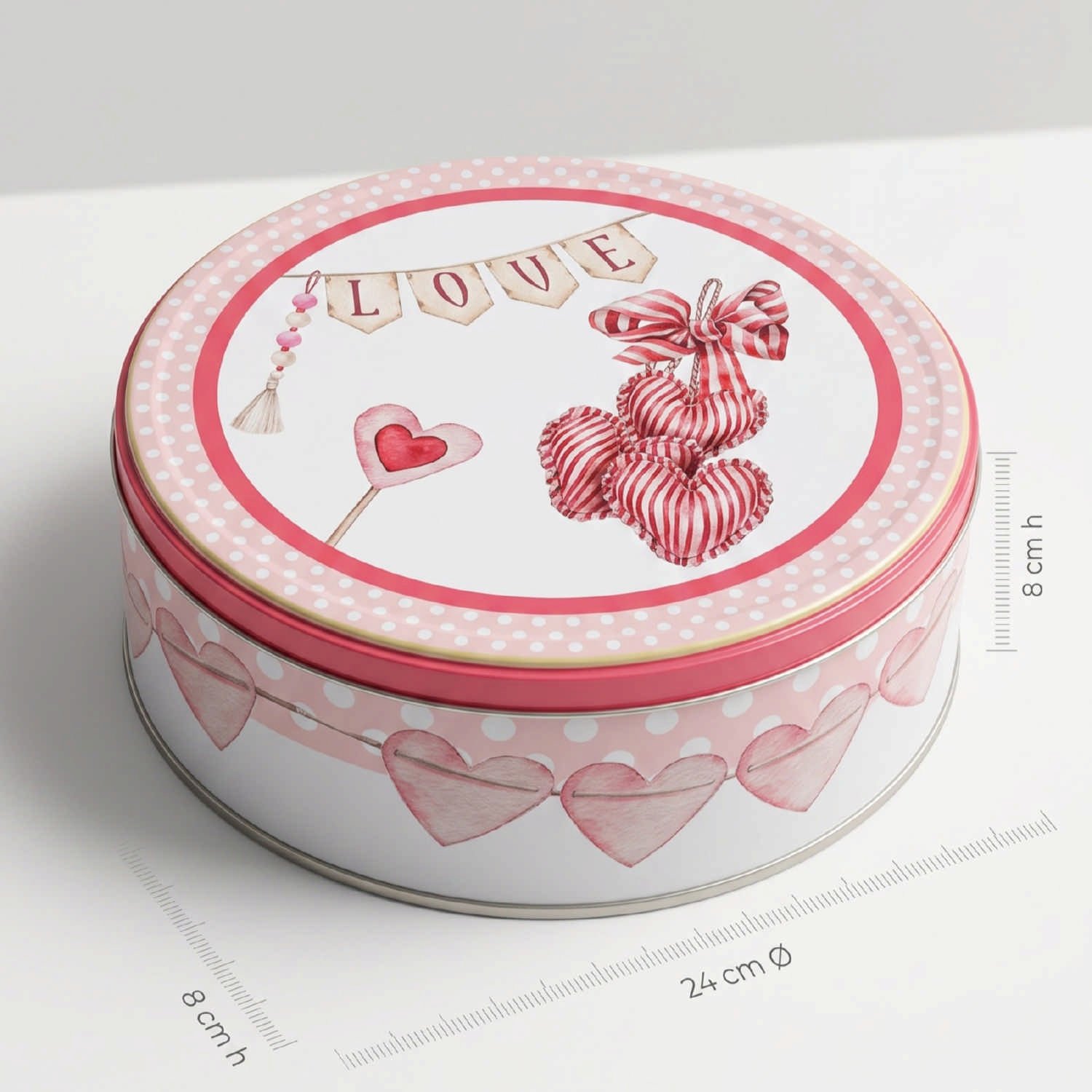 Valentine Kalp Desenli Pembe Puantiyeli Yuvarlak Metal Hediyelik Kutu - Ø240x70 mm — Yuvarlak Kutular — görsel 3 / 4 — Tinbox