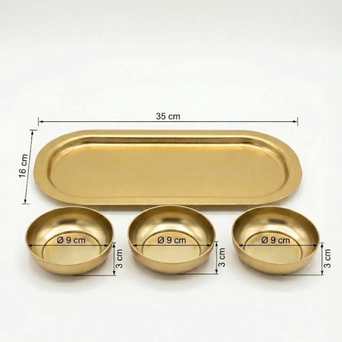 Elegant Matte Gold Rectangular Tray & 3-Piece Snack Bowl Set - 35x16 cm / Ø90 mm