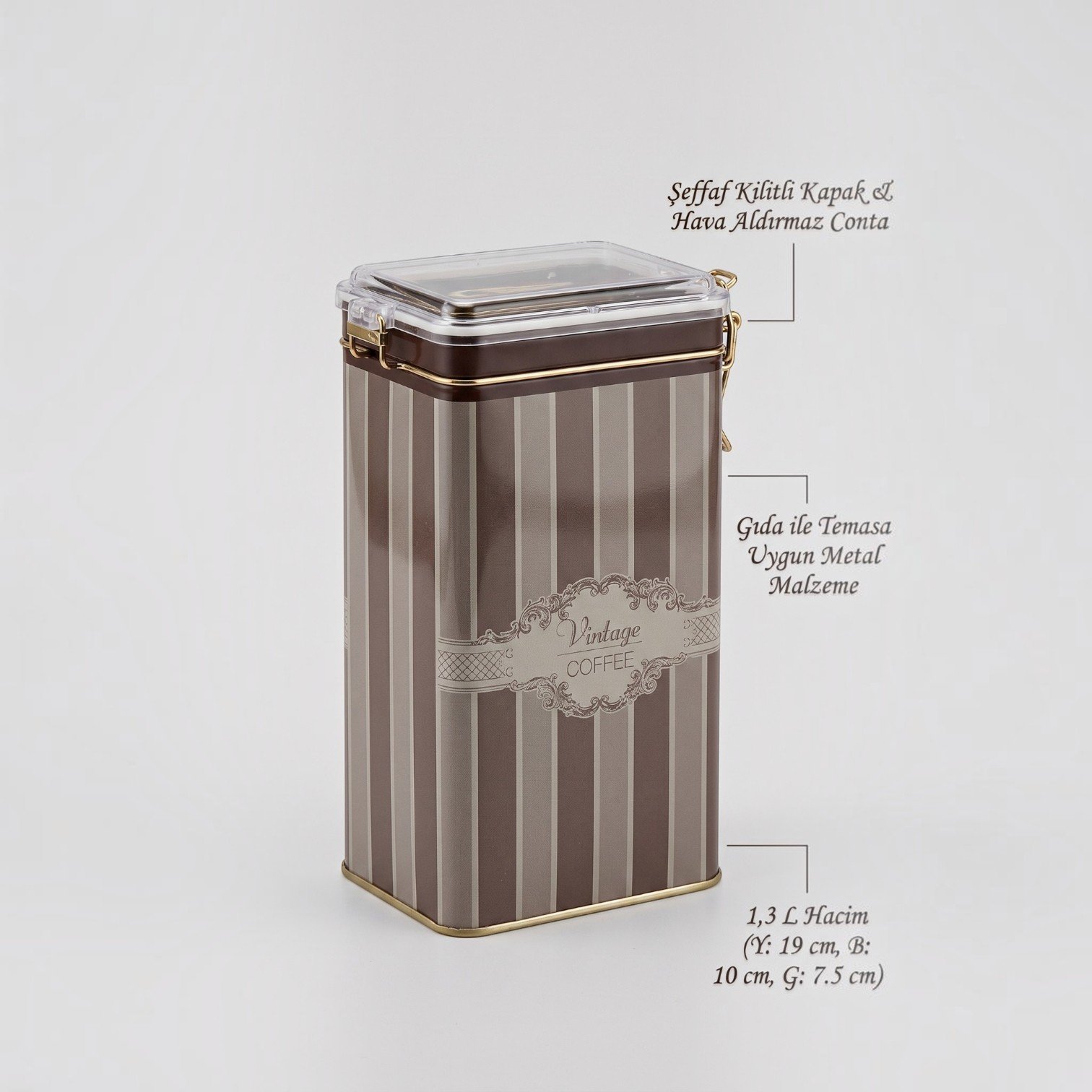 Elegance Vintage Coffee Şeffaf Kilitli Kapak Metal Kutu - 1,3 lt / 75x100x190 mm — Dikdörtgen Kutular — görsel 4 / 4 — Tinbox