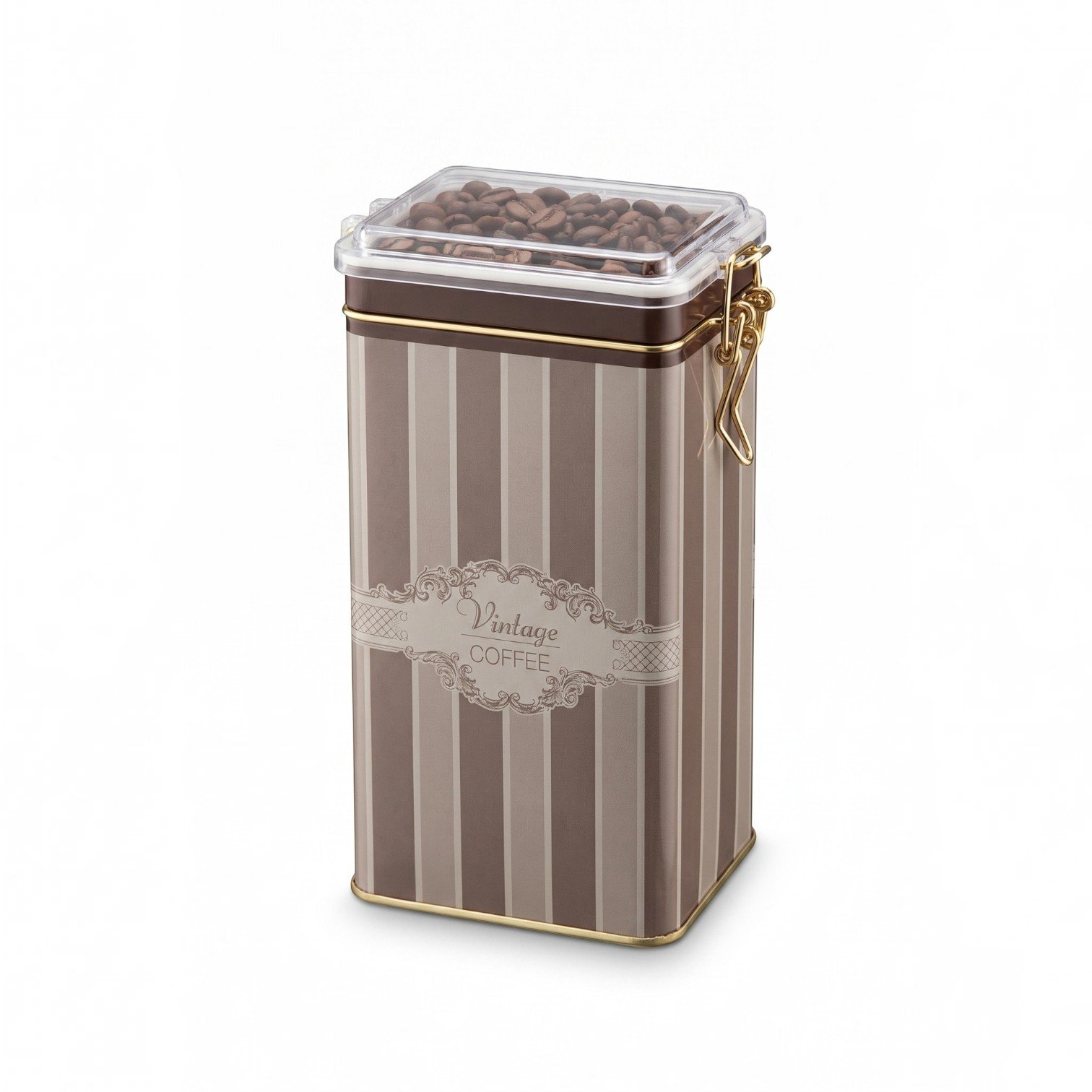 Elegance Vintage Coffee Şeffaf Kilitli Kapak Metal Kutu - 1,3 lt / 75x100x190 mm — Dikdörtgen Kutular — görsel 1 / 4 — Tinbox