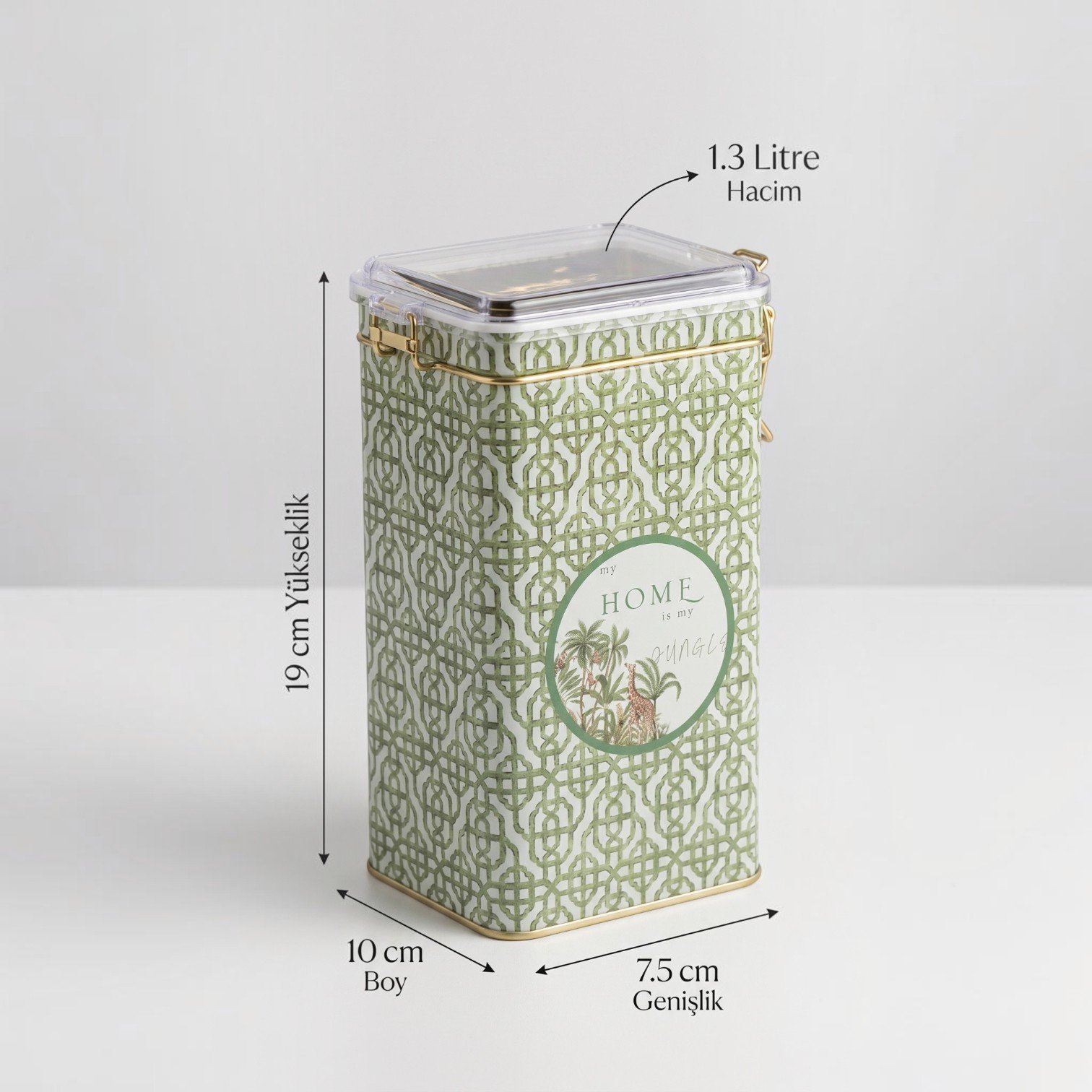 Forest Green Home Şeffaf Kilitli Kapak Metal Kutu - 1,3 lt / 75x100x190 mm — Dikdörtgen Kutular — Tinbox
