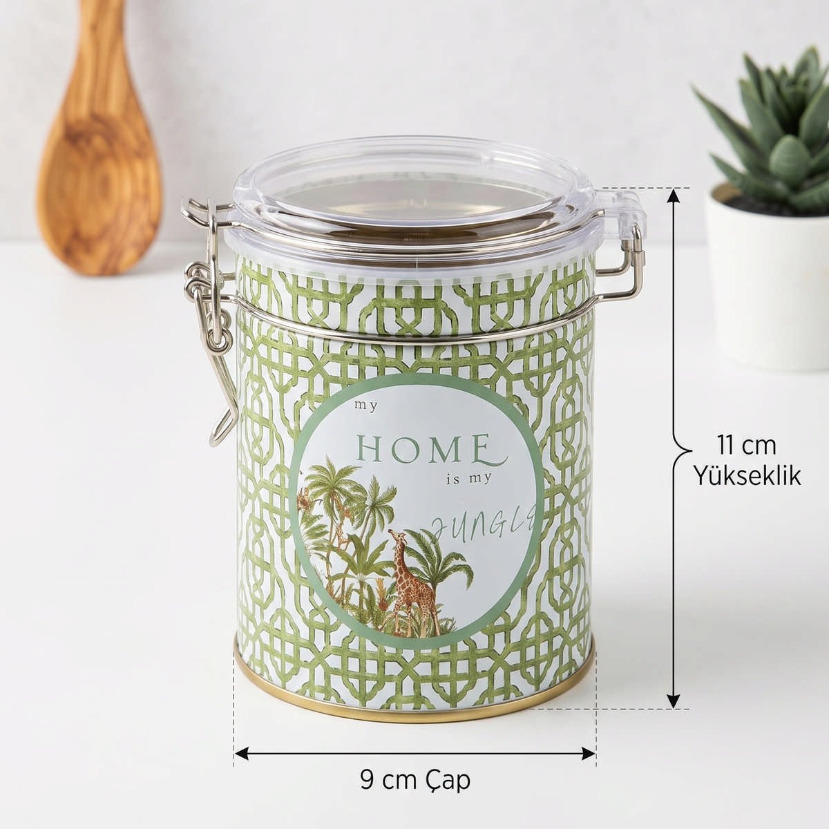 Forest Green Home Yuvarlak Şeffaf Kilitli Kapak Metal Kutu - 0,6 lt / Ø90x110 mm — Yuvarlak Kutular — görsel 2 / 3 — Tinbox