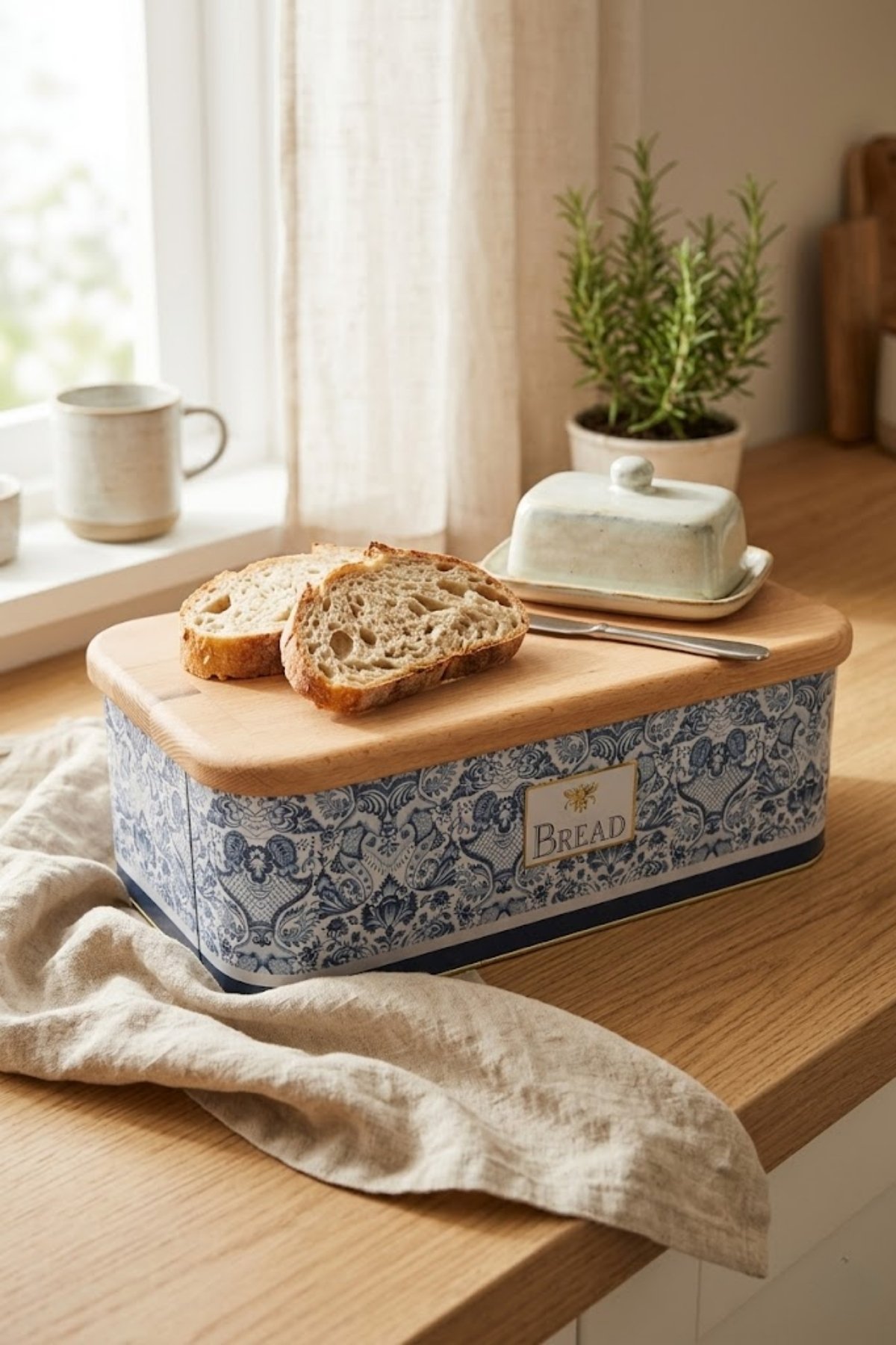 Yeni Tip Ekmek Kutusu, Ahşap Kapak, 9 lt — Azulejos Bread — Ekmeklik — Tinbox
