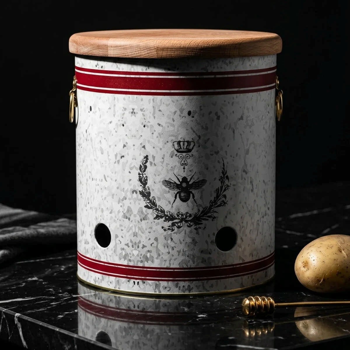 Country Housefly Potato & Onion Metal Storage Bin with Wooden Lid - 9L / Ø225x240 mm