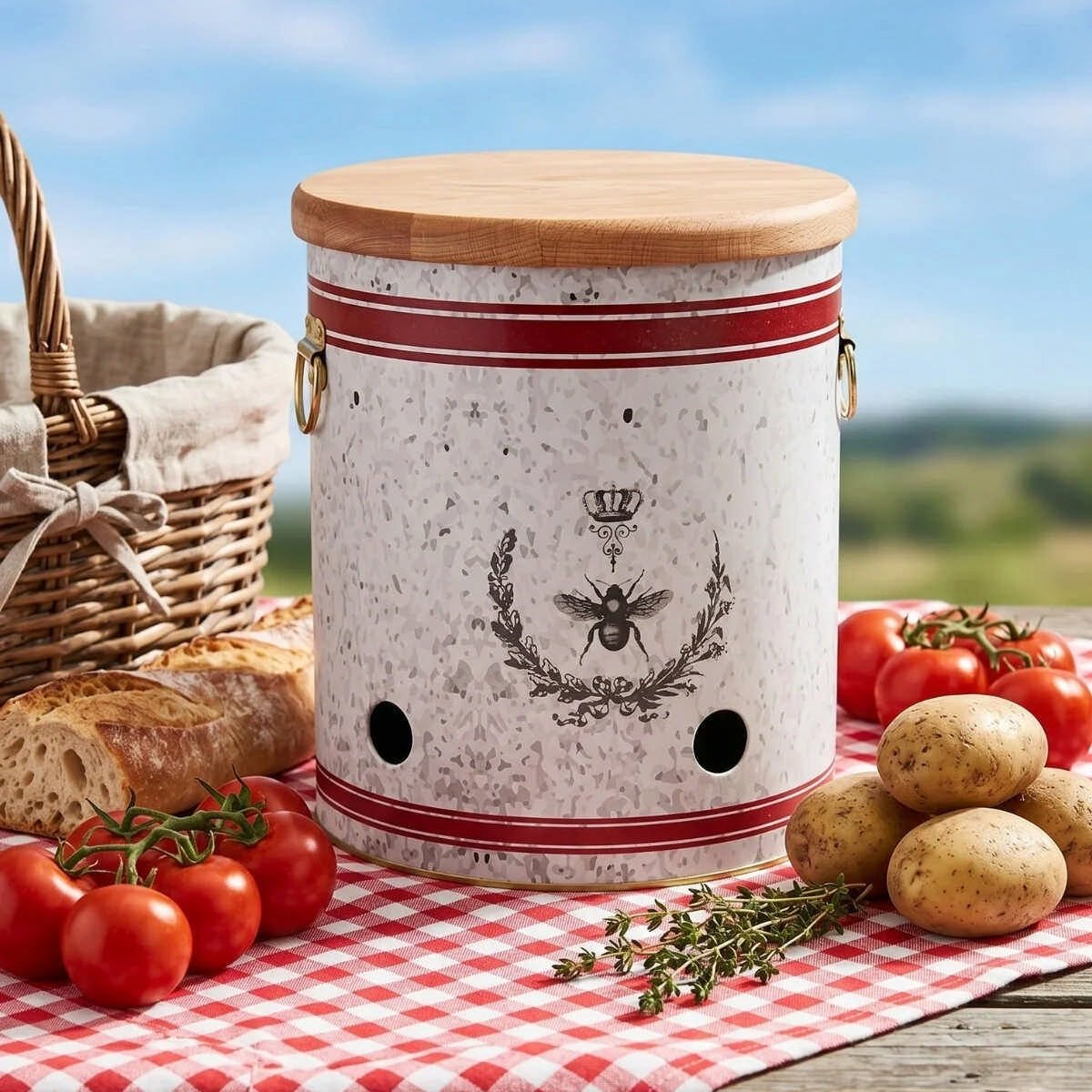 Country Housefly Ahşap Kapaklı Metal Patateslik & Soğanlık - 9 lt / Ø225x240 mm — Patates Soğan ve Sarımsak Saklama Kabı —…