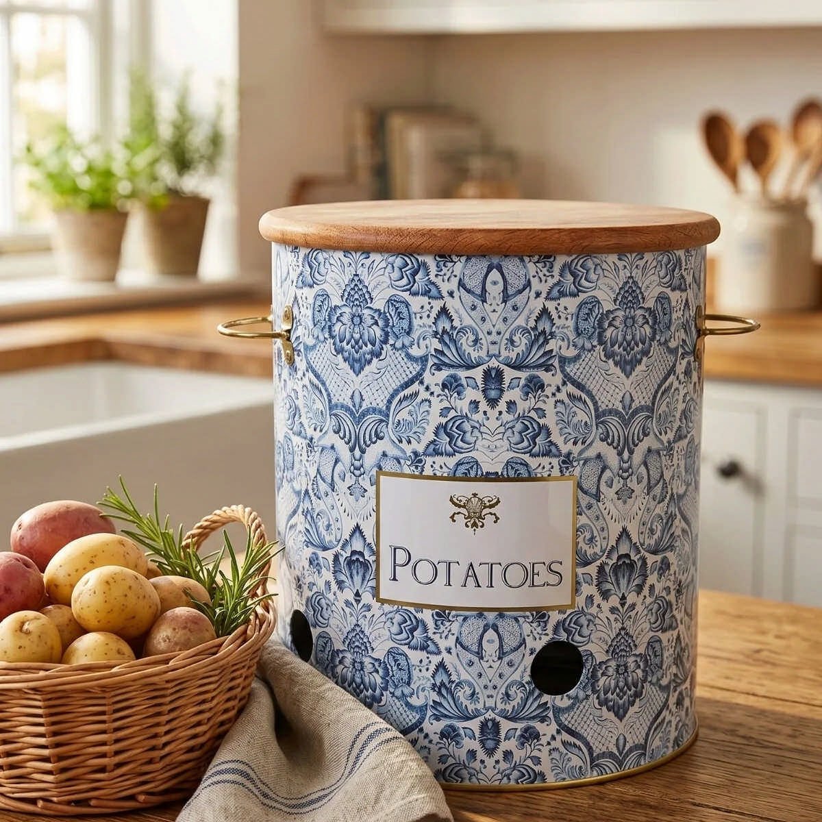 Retro Ahşap Kapaklı Metal Patateslik - 9 lt / Ø225x240 mm — Patates Soğan ve Sarımsak Saklama Kabı — görsel 5 / 6 — Tinbox
