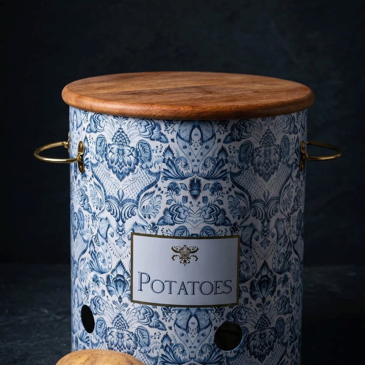 Retro Ahşap Kapaklı Metal Patateslik - 9 lt / Ø225x240 mm — Patates Soğan ve Sarımsak Saklama Kabı — görsel 1 / 6 — Tinbox