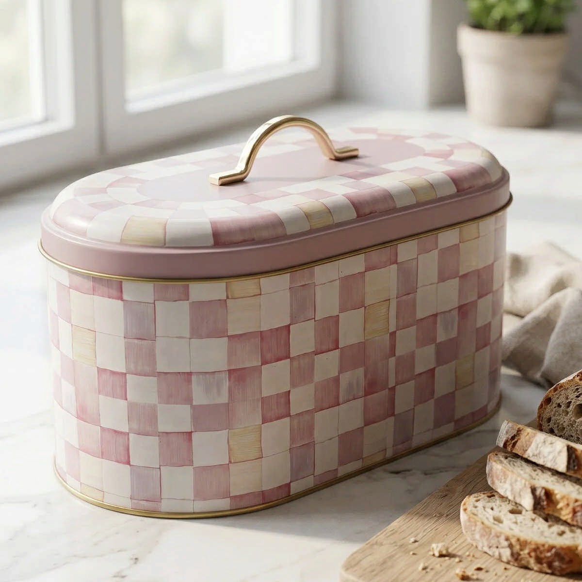Pink Checkers Oval Metal Ekmek Kutusu - 7 Litre / 17,8 x 33,8 x 15,2 cm — Ekmeklik — görsel 2 / 5 — Tinbox