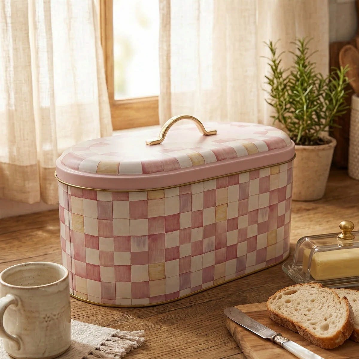 Pink Checkers Oval Metal Ekmek Kutusu - 7 Litre / 17,8 x 33,8 x 15,2 cm — Ekmeklik — görsel 3 / 5 — Tinbox