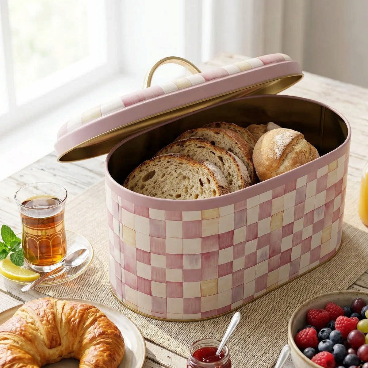 Pink Checkers Oval Metal Ekmek Kutusu - 7 Litre / 17,8 x 33,8 x 15,2 cm — Ekmeklik — görsel 4 / 5 — Tinbox