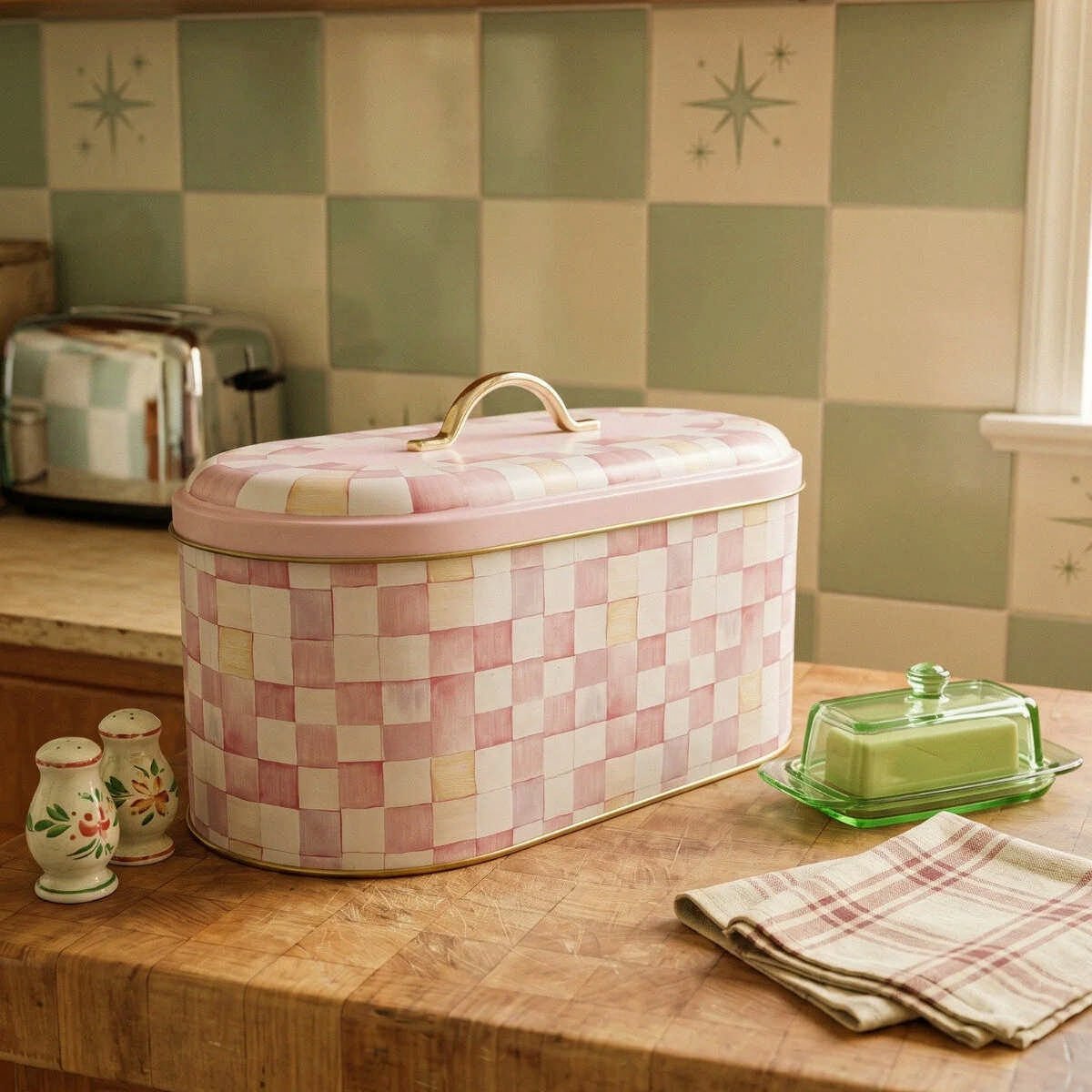 Pink Checkers Oval Metal Ekmek Kutusu - 7 Litre / 17,8 x 33,8 x 15,2 cm — Ekmeklik — görsel 5 / 5 — Tinbox