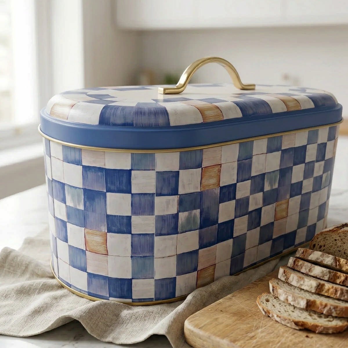 Blue Checkers Oval Metal Ekmek Kutusu - 7 Litre / 17,8 x 33,8 x 15,2 cm — Ekmeklik — görsel 1 / 5 — Tinbox