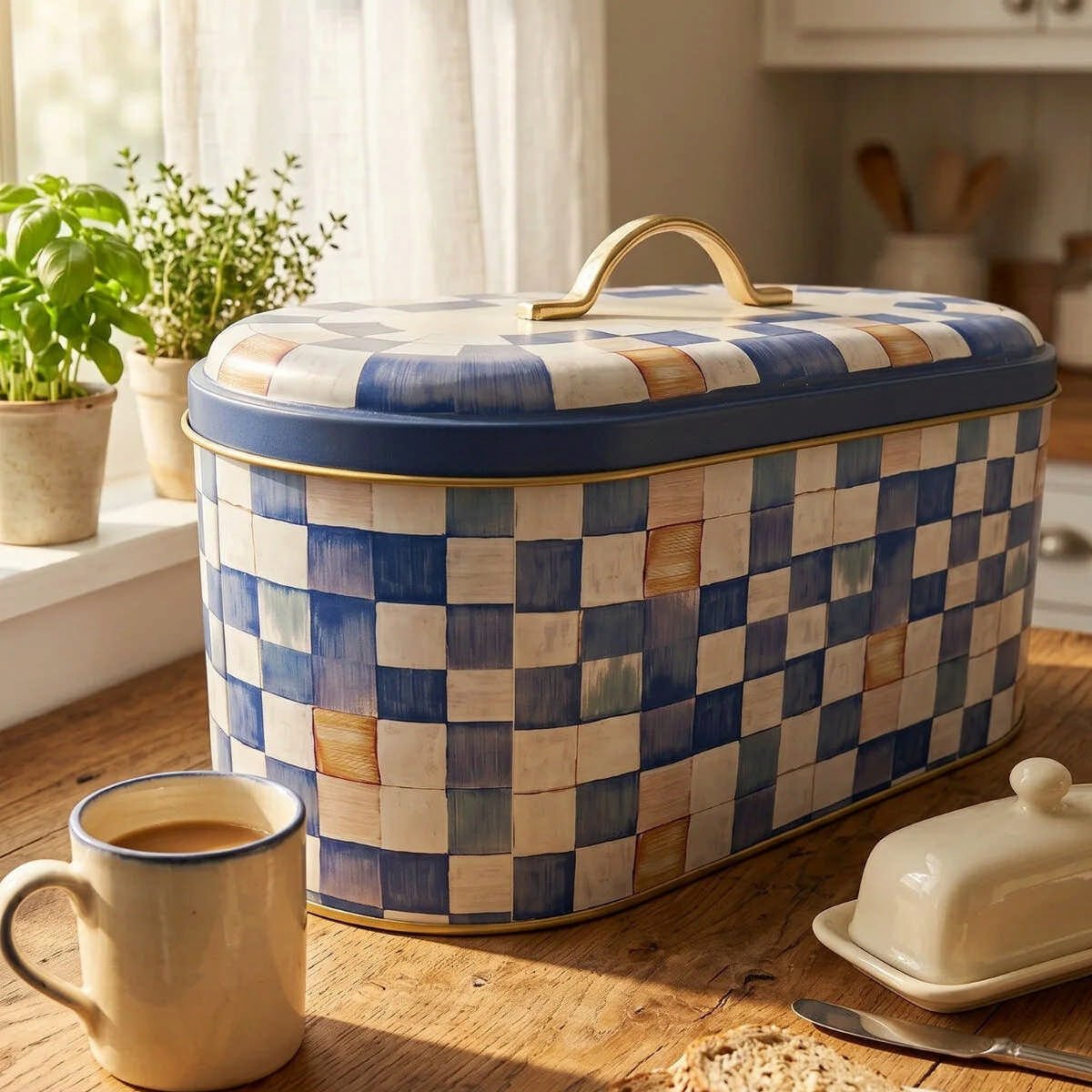 Blue Checkers Oval Metal Ekmek Kutusu - 7 Litre / 17,8 x 33,8 x 15,2 cm — Ekmeklik — görsel 2 / 5 — Tinbox