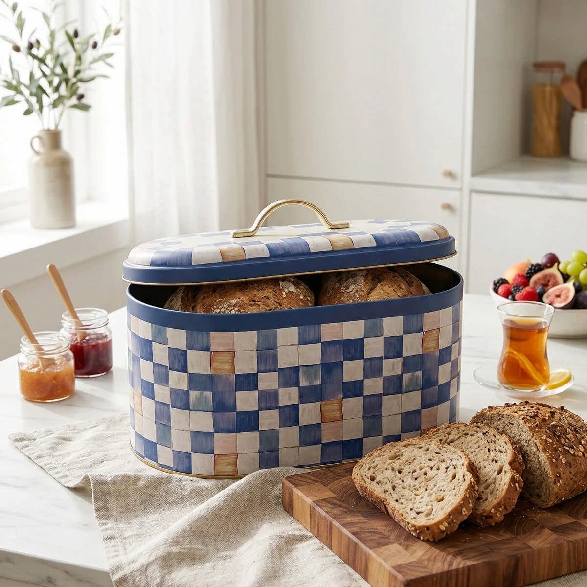 Blue Checkers Oval Metal Ekmek Kutusu - 7 Litre / 17,8 x 33,8 x 15,2 cm — Ekmeklik — görsel 4 / 5 — Tinbox